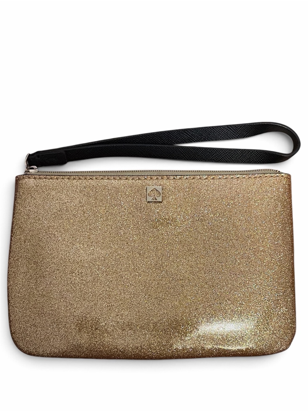 kate spade gold glitter wristlet with black strap